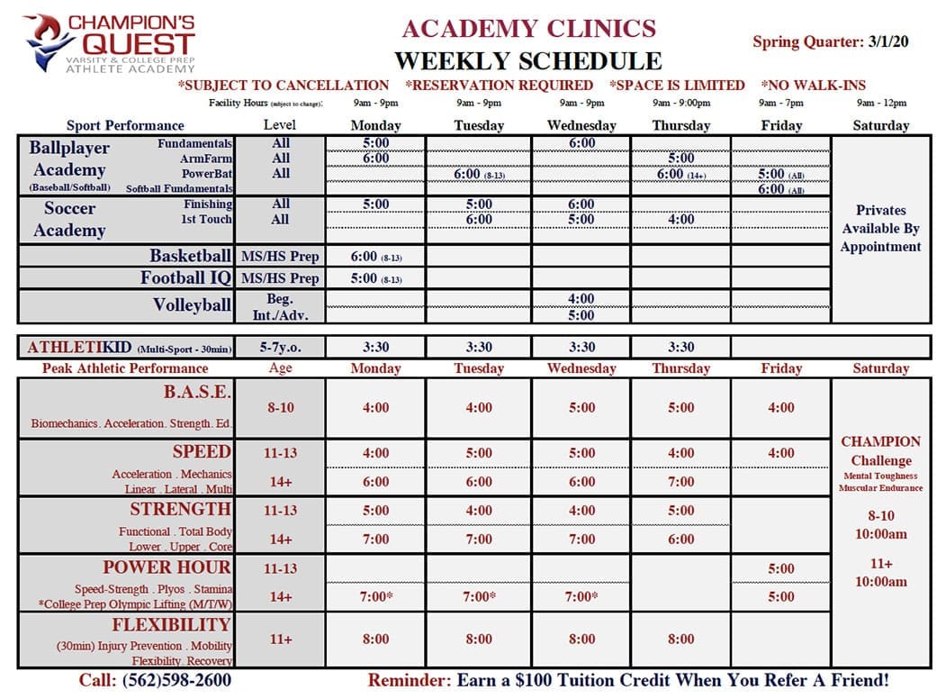 Clinic Schedule and Descriptions Champion's Quest